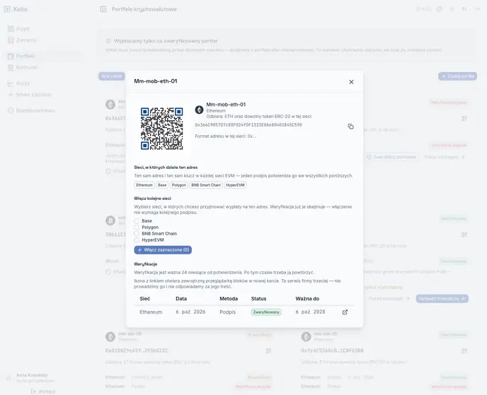 Demo view of cryptocurrency wallet details