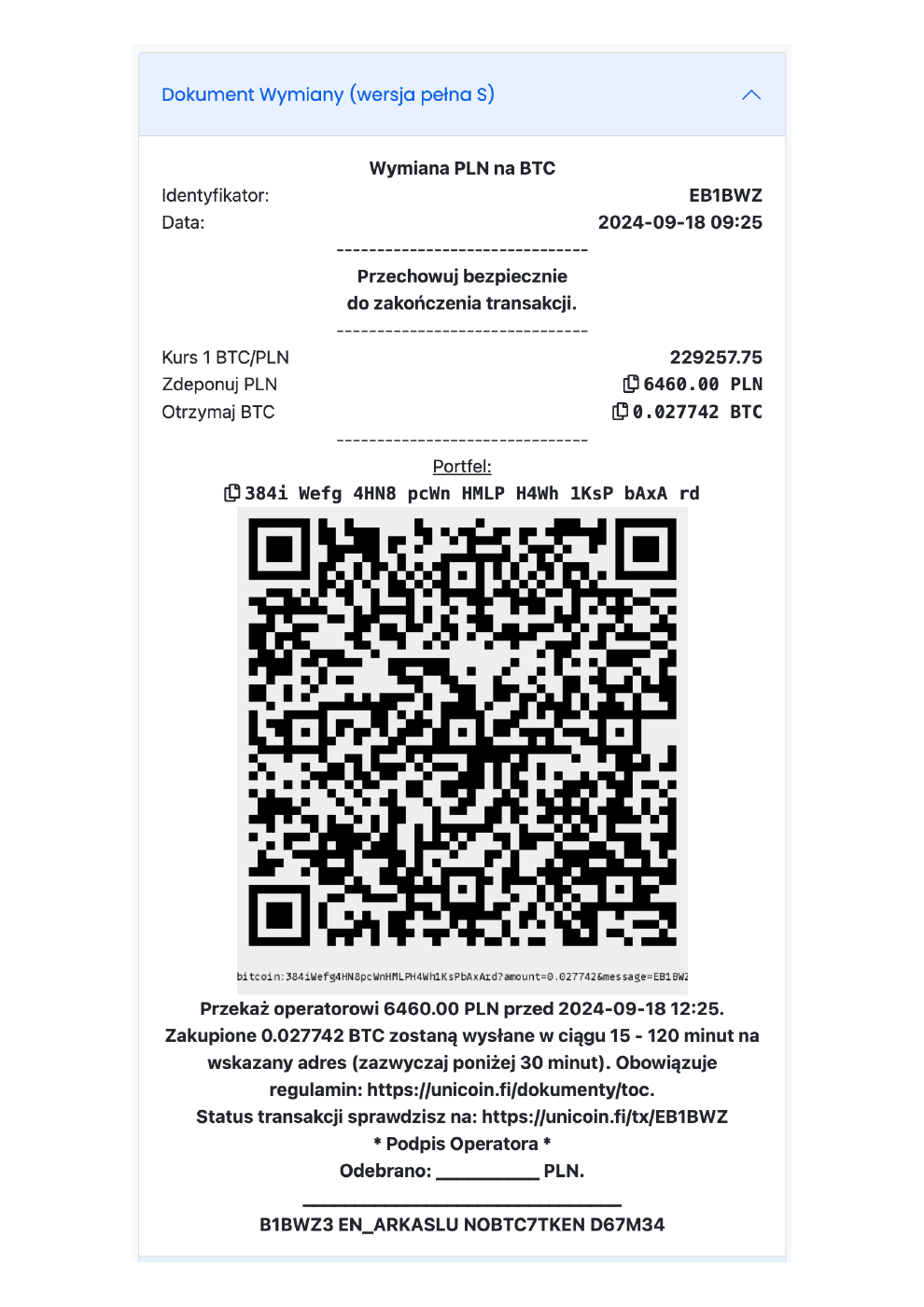 Oryginalny dokument testowej wymiany PLN na BTC z identyfikatorem, kwotami, adresem portfela i kodem QR