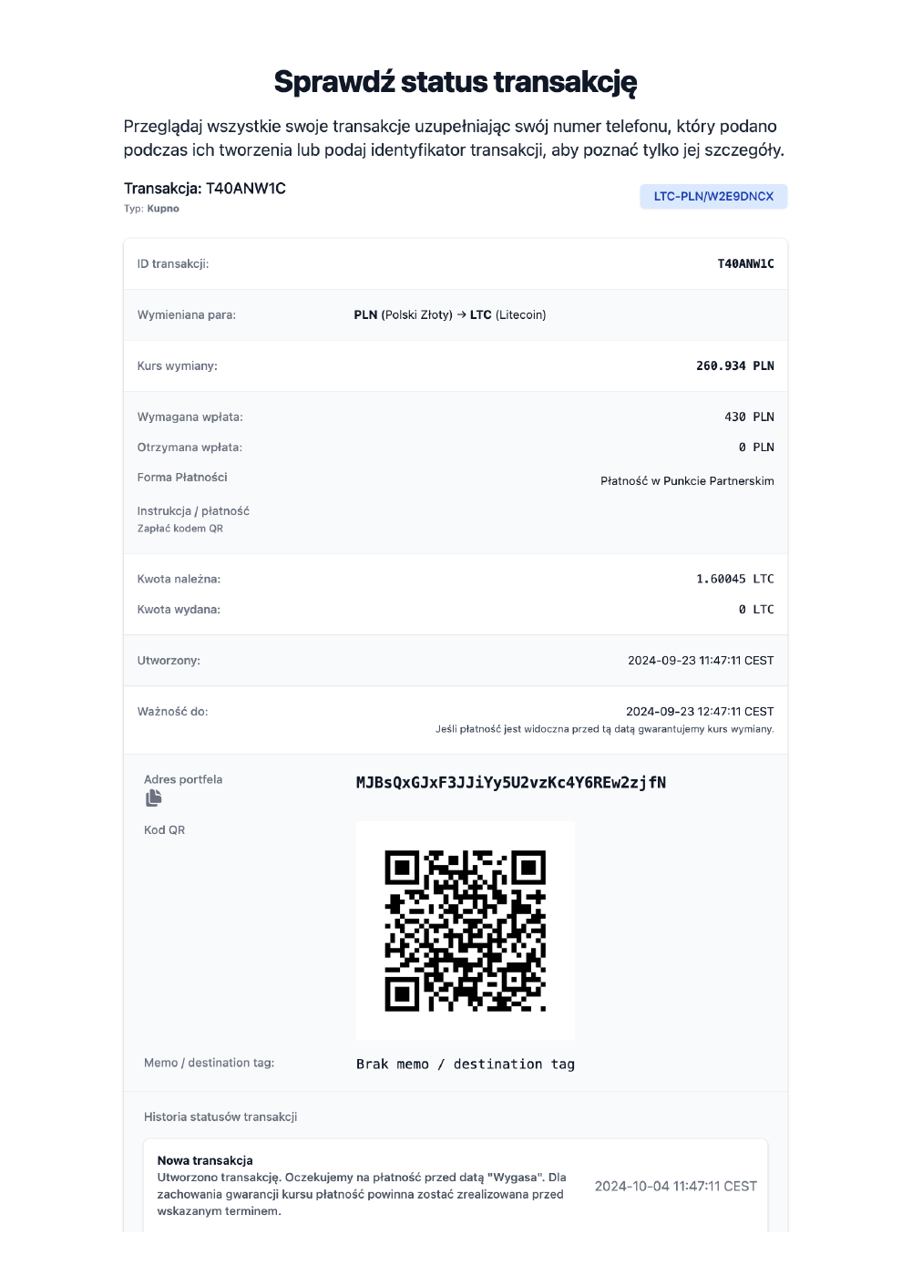 Oryginalny widok statusu testowej transakcji PLN na LTC z kwotami, kodem QR i historią statusów
