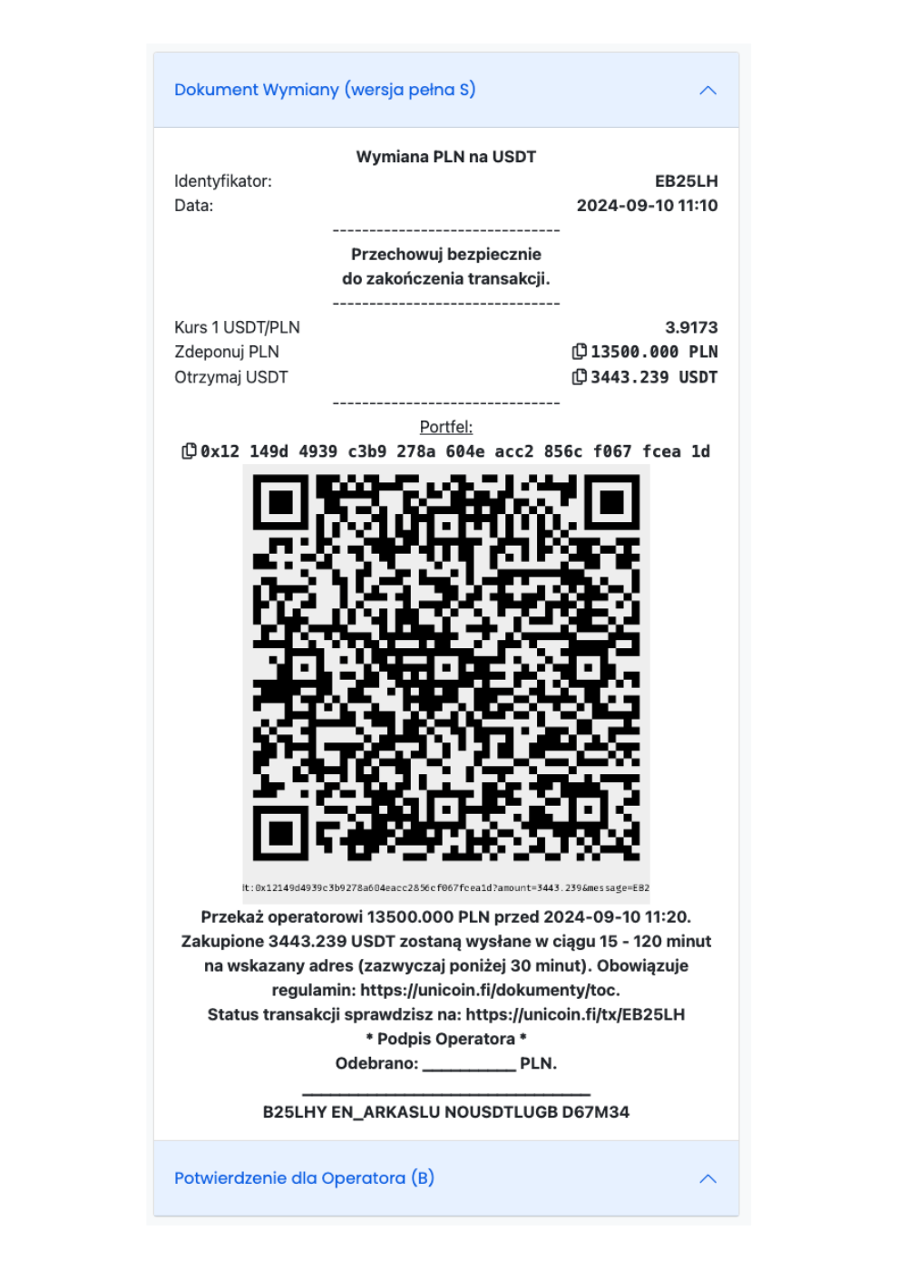Oryginalny dokument testowej wymiany PLN na USDT z identyfikatorem, kwotami, adresem portfela i kodem QR