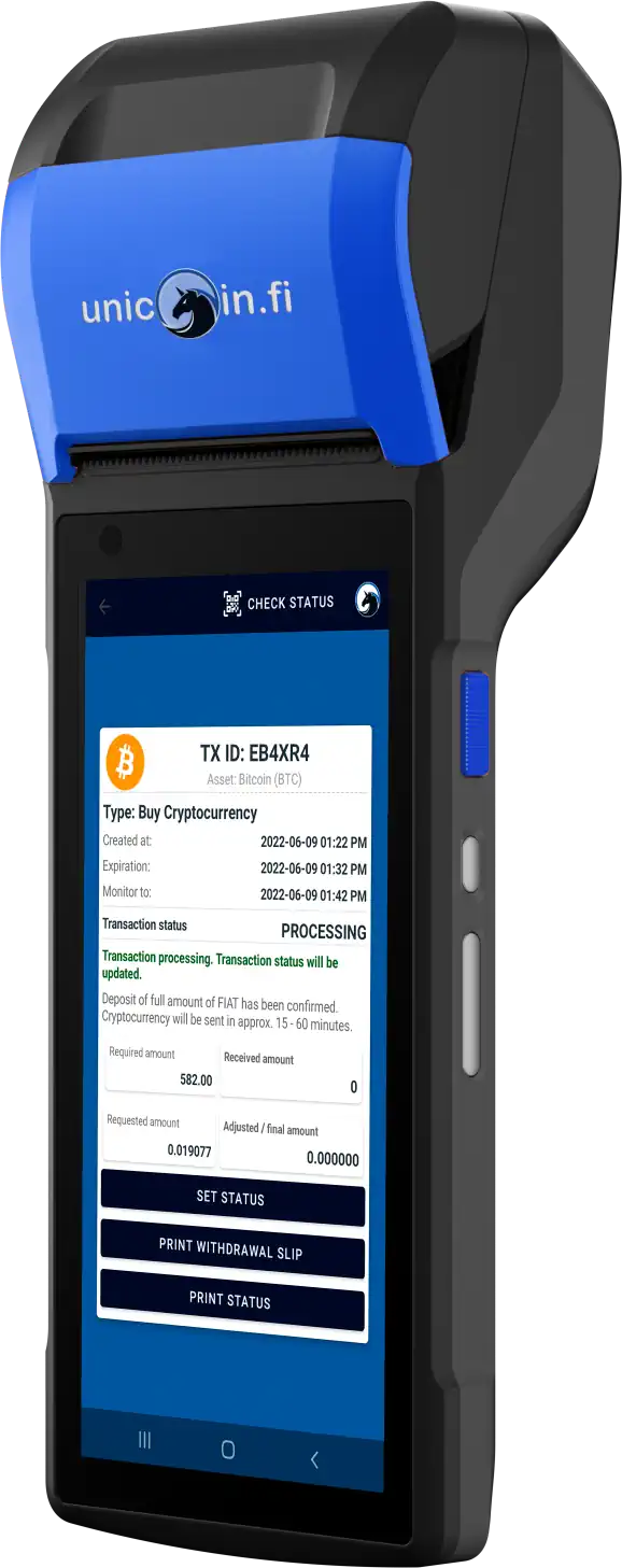 Unicoin terminal with a printer and transaction status screen